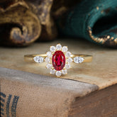 4 Prong Vintage Halo Cluster Oval Cut Ruby Engagement Ring